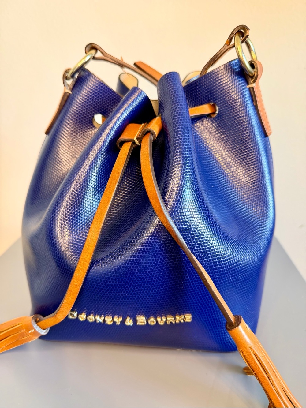 Dooney & Bourke Blue Leather Drawstring Bucket Bag Tassels